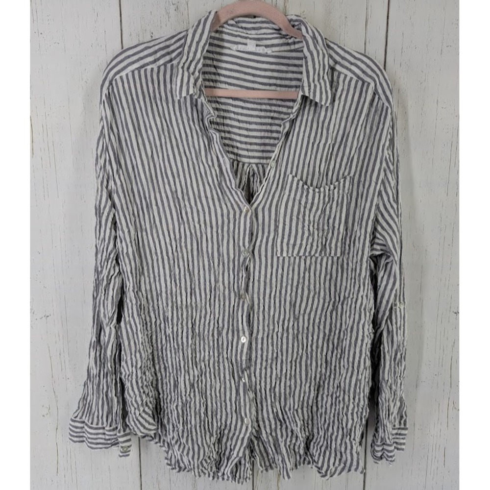 Jane Delancey Size XL Gray White Stripe Collar‎ Button Long Sleeve Top